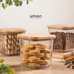 ظرف شیشه‌ای مربع لیمون LIMON 860 میلی درب چوبی کد 218959